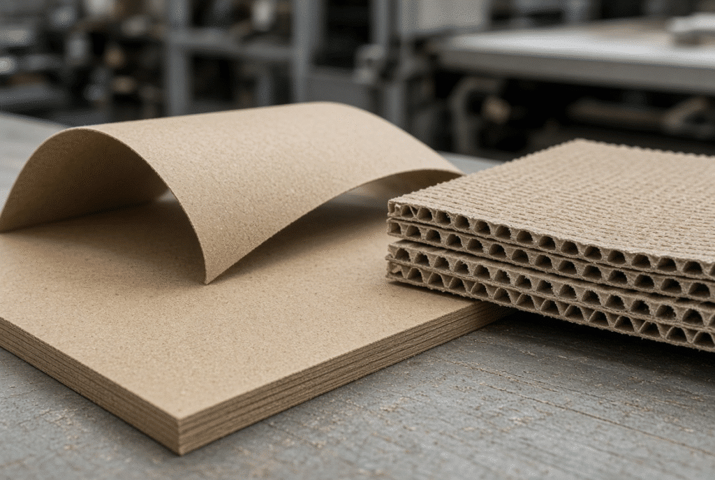 Flat and curled paperboard sheets plus corrugated sample with warp on production table illustrating material effects on registration