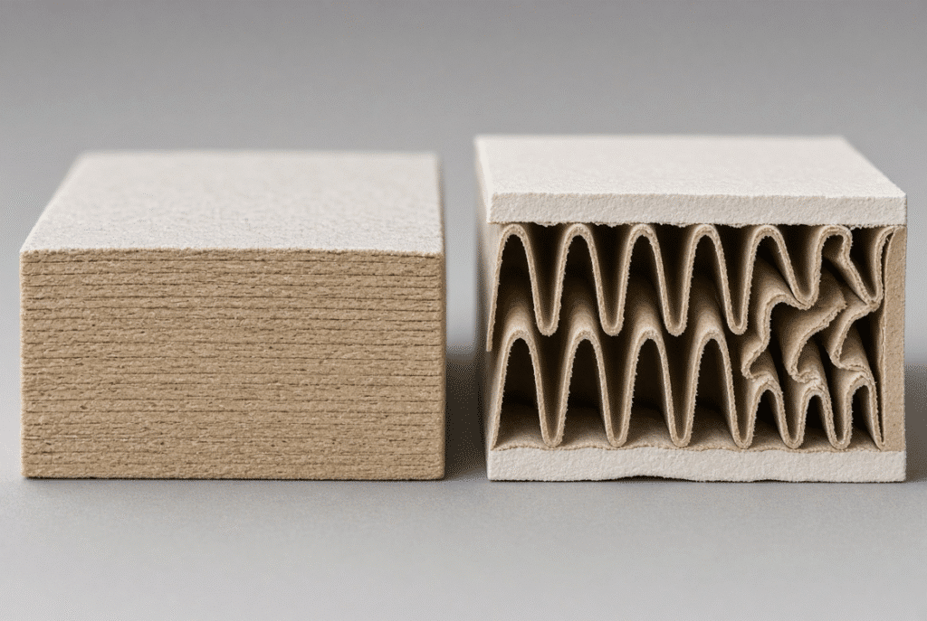 Side-by-side cross-sections of paperboard and corrugated board illustrating intact structure versus flute compression from excessive die-cutting pressure