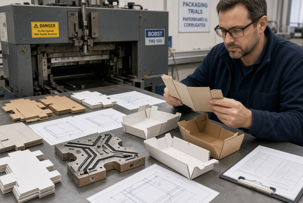 Engineer reviewing die-cut paperboard and corrugated samples with product drawings during machine trial