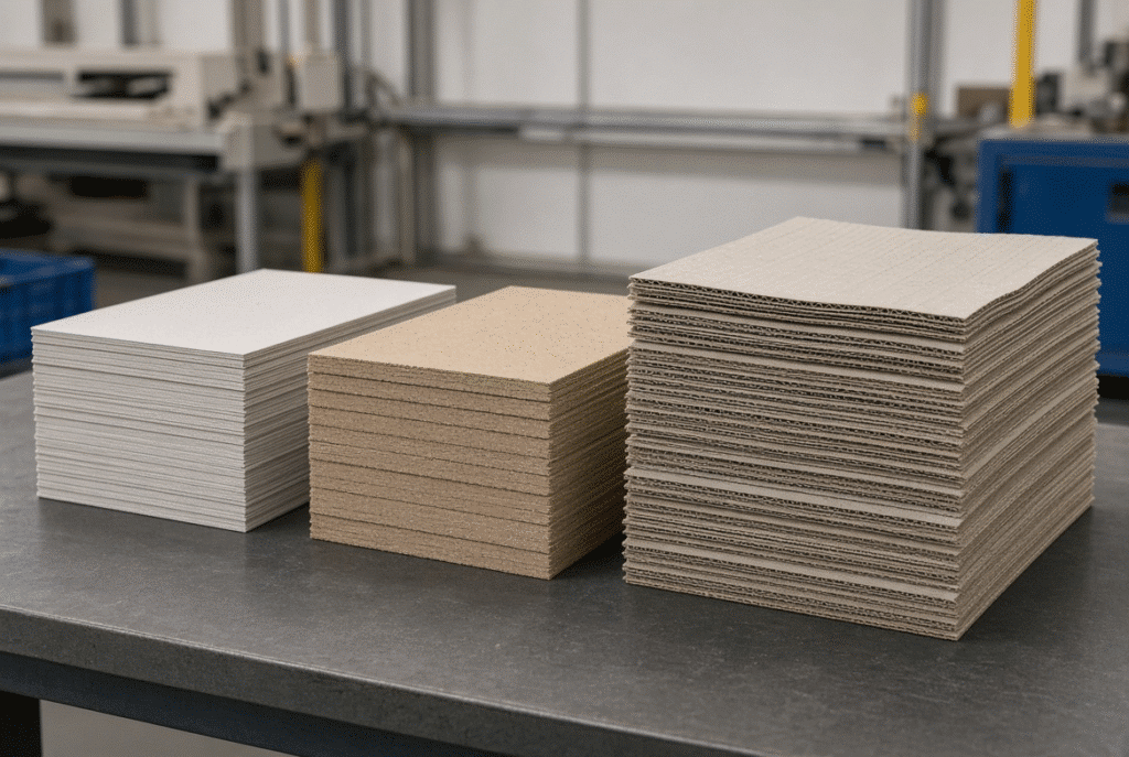 Comparison of light paperboard, heavy board and corrugated sheet piles showing different sheet counts at similar heights for high-pile automatic die-cutting production