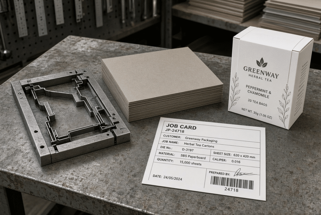 Steel-rule die, paperboard stack, printed job card and folded carton sample prepared on a table for platen die-cutting makeready