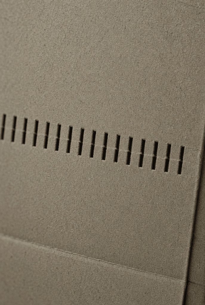 Detailed view of a perforated tear-open strip on a folding carton blank showing the cut-and-bridge pattern
