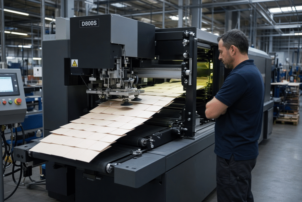 Photoelectric double-sheet detection sensor monitoring sheet entry in the feed path of an automatic platen die-cutting machine