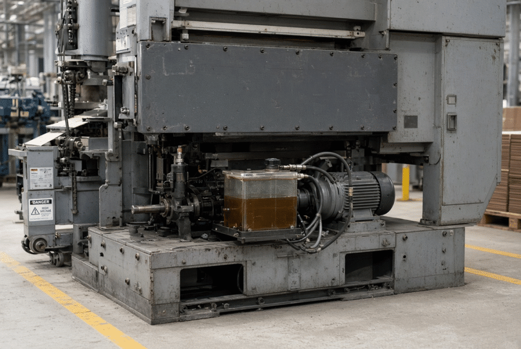 Side view of a platen die cutting machine in a packaging plant showing the lower transmission zone, oil reservoir and pump assembly under natural factory lighting
