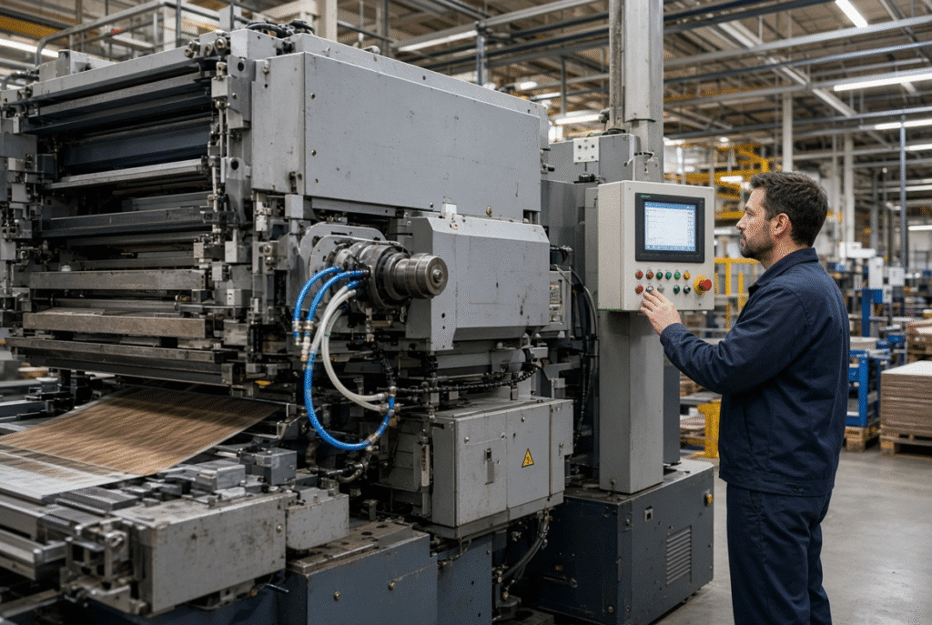 Platen die cutting machine operating in a packaging plant with visible drive-side transmission housing and pneumatic tubing connected to the main drive system