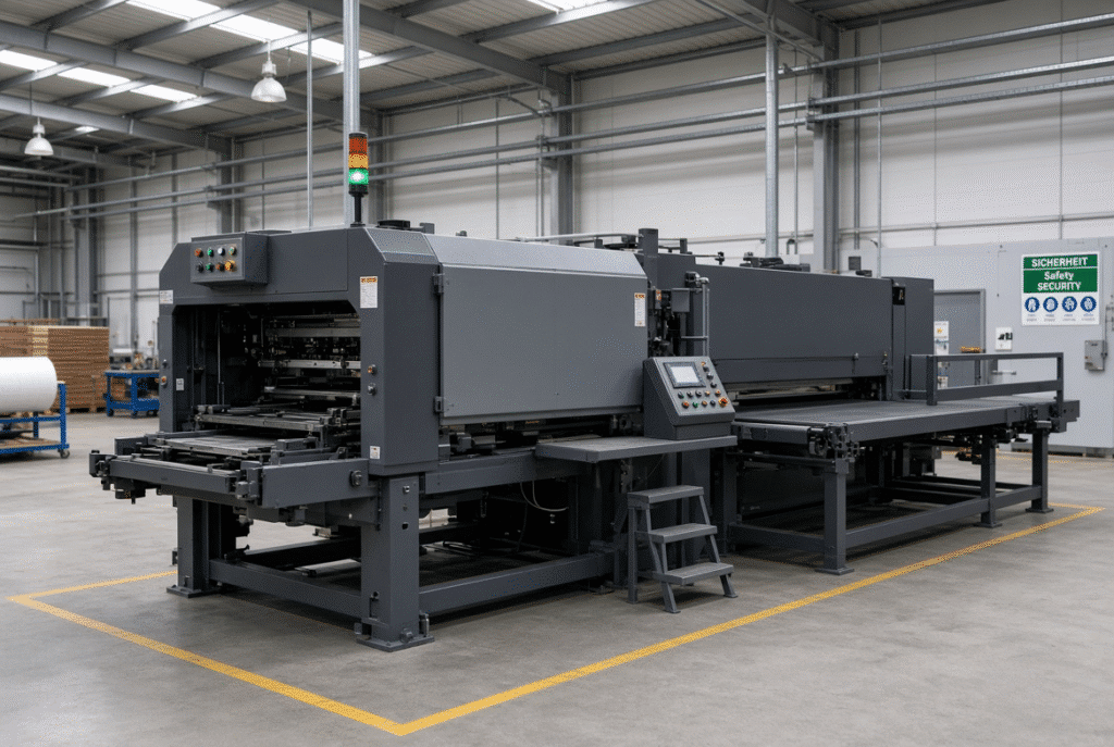 Full view of an industrial platen die cutting machine in a clean packaging plant during preventive maintenance inspection, showing frame, delivery section and operator station