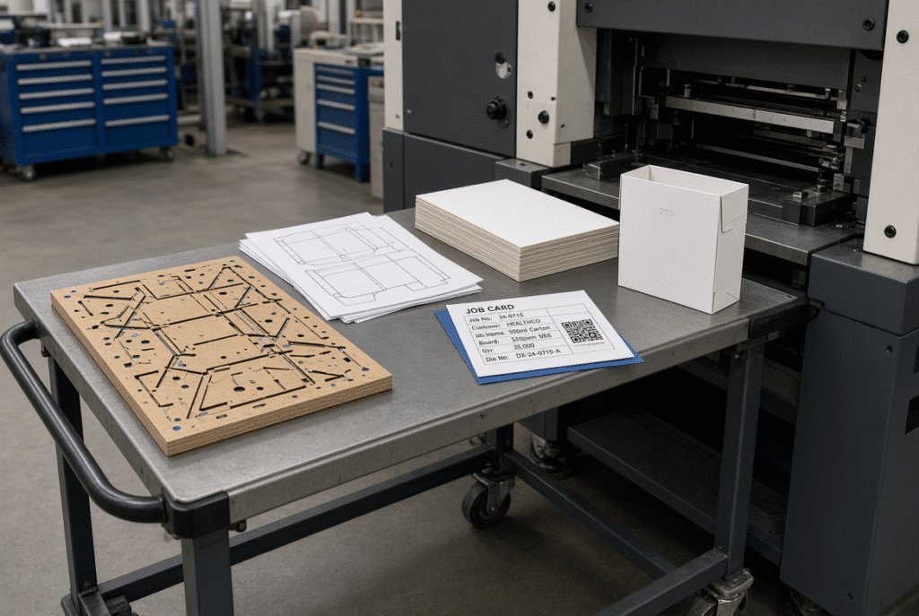 Steel-rule die board, make-ready sheets, paperboard stack, job card and approved sample staged on a tooling cart for platen die-cutting machine changeover