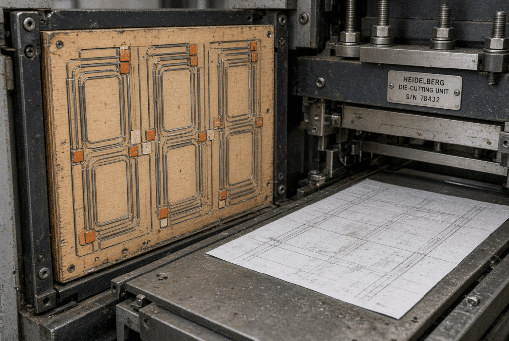 Close-up of open platen unit showing die board, steel cutting rules, cutting plate and make-ready setup in a production environment