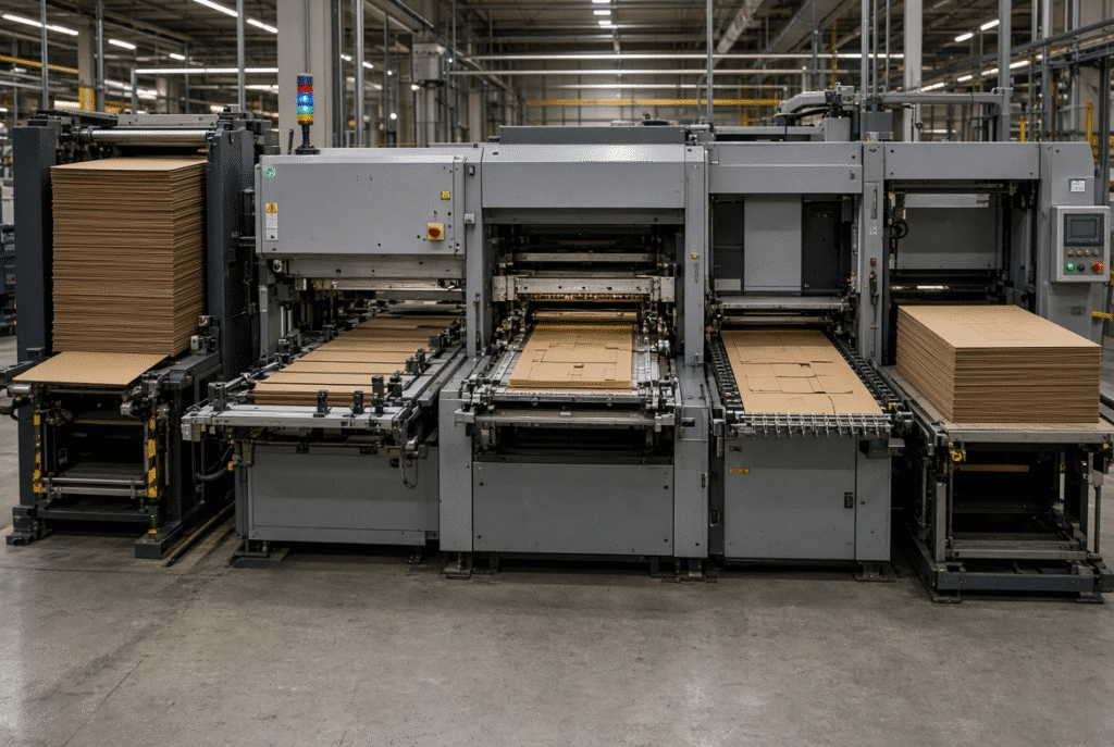 High-speed automatic flatbed die cutting machine showing feeder, registration, die-cutting section, gripper transport and delivery of paperboard packaging sheets