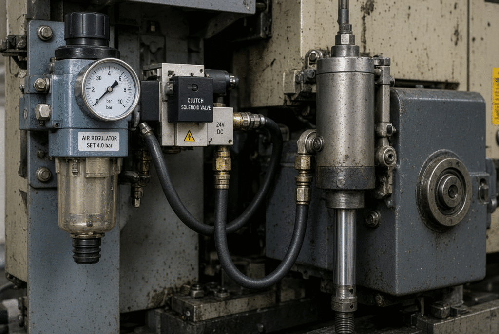 Close-up of air regulator, filter moisture separator, solenoid valve, tubing and actuator forming the pneumatic control side of a clutch system on a platen die cutting machine