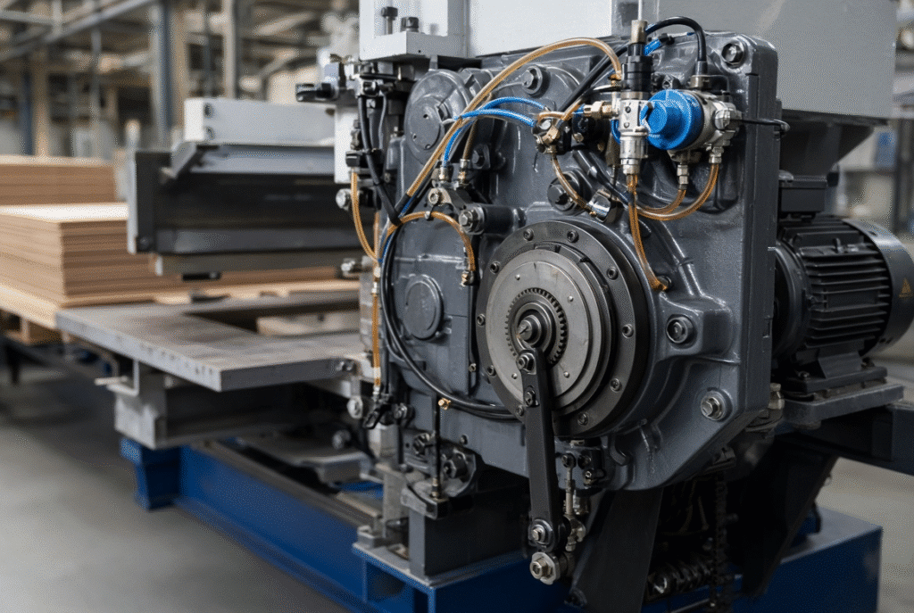 Platen die cutting machine drive area showing pneumatic tubing and transmission components related to clutch system function, wear monitoring and maintenance in industrial packaging production