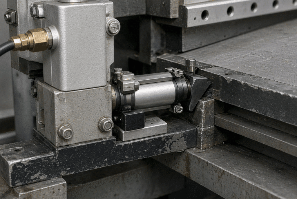 Pneumatic locking actuator and air line securing a die-cutting plate frame on a flatbed die cutter