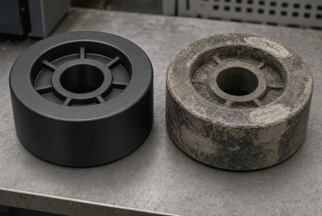 Polyurethane feed wheel contact area on printed corrugated board during sheet feeding
