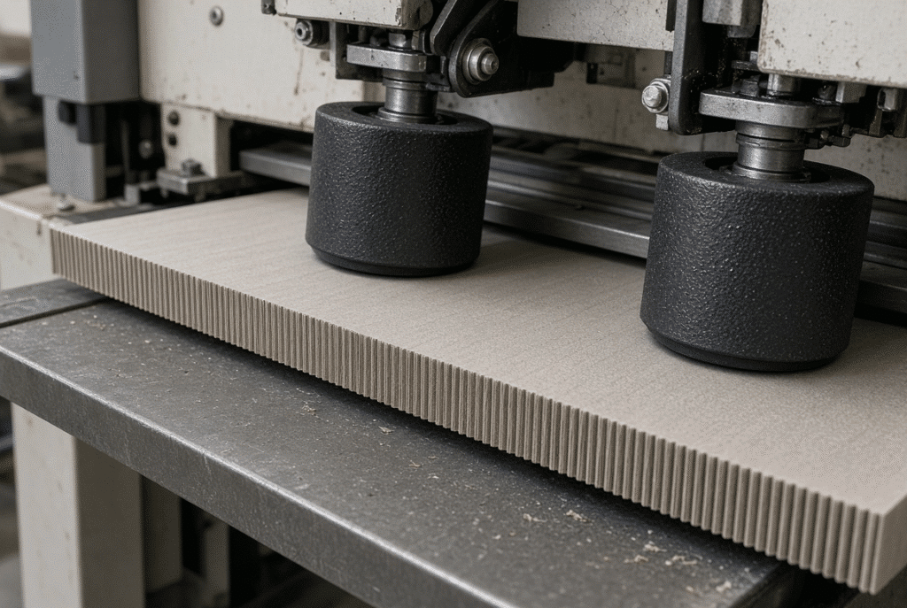 Polyurethane feed wheel controlling the lead edge of corrugated board on a sheet feeder with visible contact area and support surface