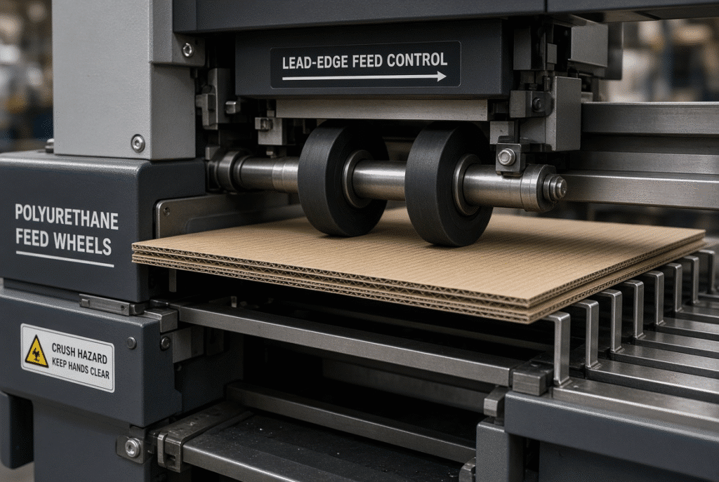 Polyurethane feed wheels engaging corrugated board lead edge in a sheet-fed flatbed die cutting feeder system showing contact pressure and sheet control