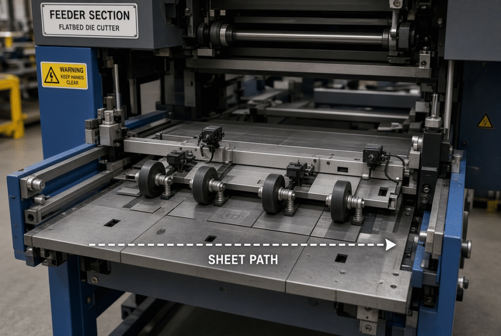 Flatbed die cutter feeder section showing feed wheels, side guides, sensors, and sheet support surfaces during laminated board setup