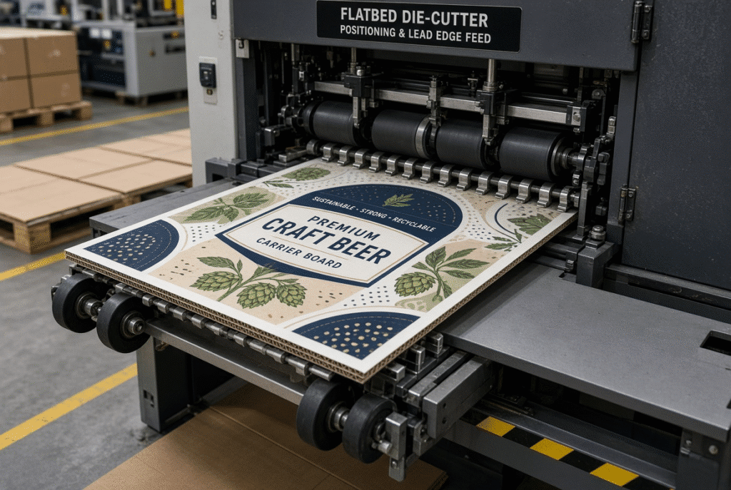 Printed corrugated board advancing under controlled feed-wheel contact on a lead-edge feeding flatbed die cutting machine, highlighting surface protection before die cutting