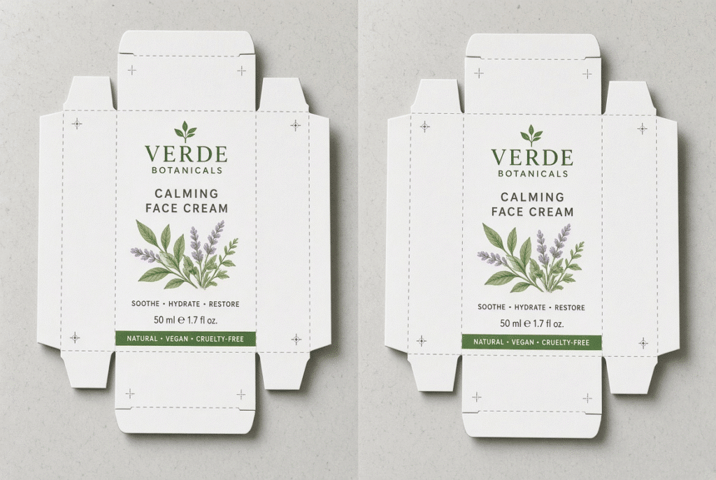 Side-by-side printed folding carton blanks showing correct registration versus misregistered cut lines and uneven borders