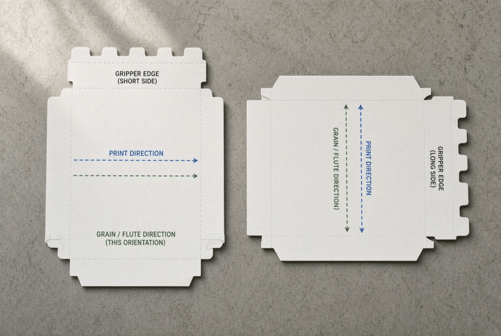 Two orientations of the same folding-carton blank on one sheet showing different gripper edges, grain or flute direction and print direction