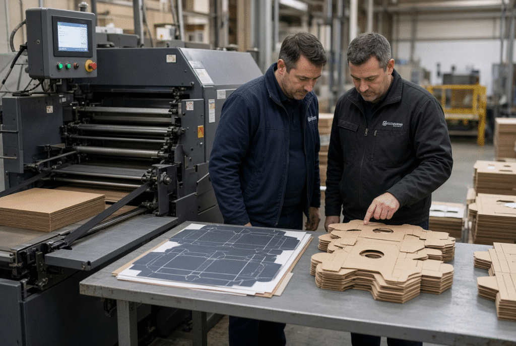 Operator and technician reviewing finished die-cut paperboard blanks during a production trial on a semi-automatic die cutter