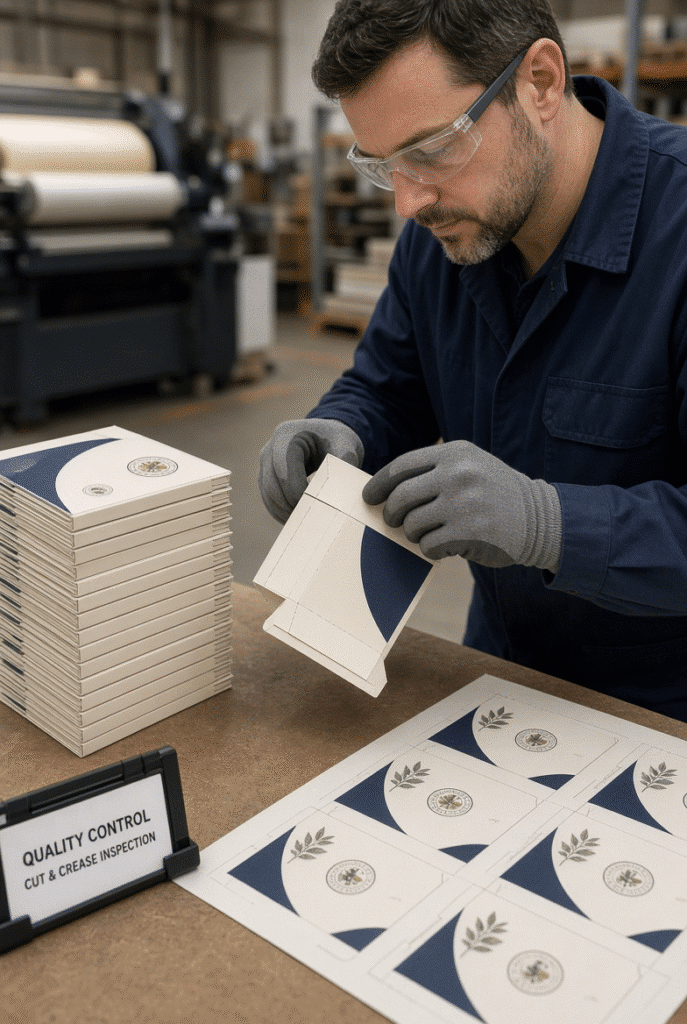 Technician inspecting clean cutting edges and crease quality on finished folding cartons and printed paperboard sheets