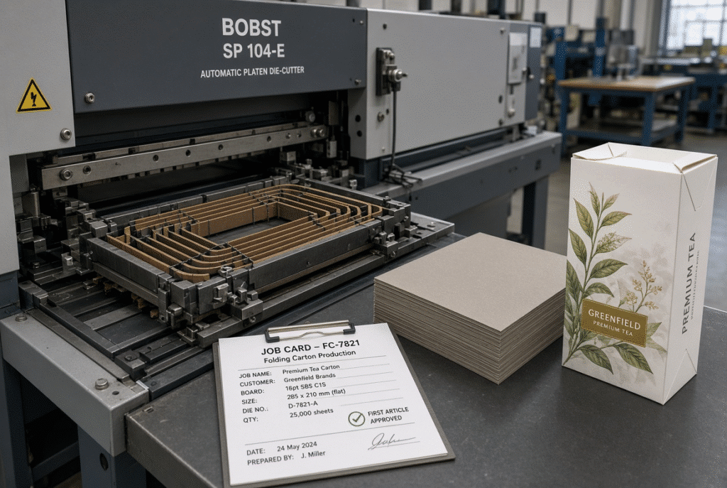 Automatic platen die-cutting machine with staged steel-rule die, paperboard and job card illustrating organized makeready preparation for folding carton production