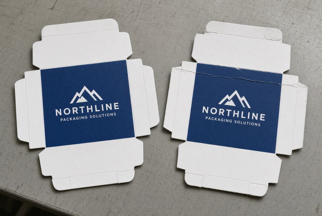 Side-by-side comparison of correctly registered folding-carton blank and sample showing misregistration or cracked crease