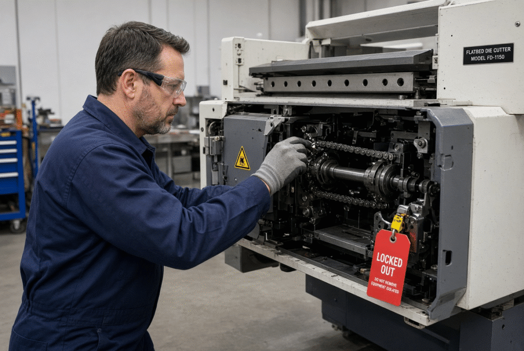 Qualified technician performing locked-out inspection of lubrication points and chain interface on a flatbed die cutter intermittent drive system