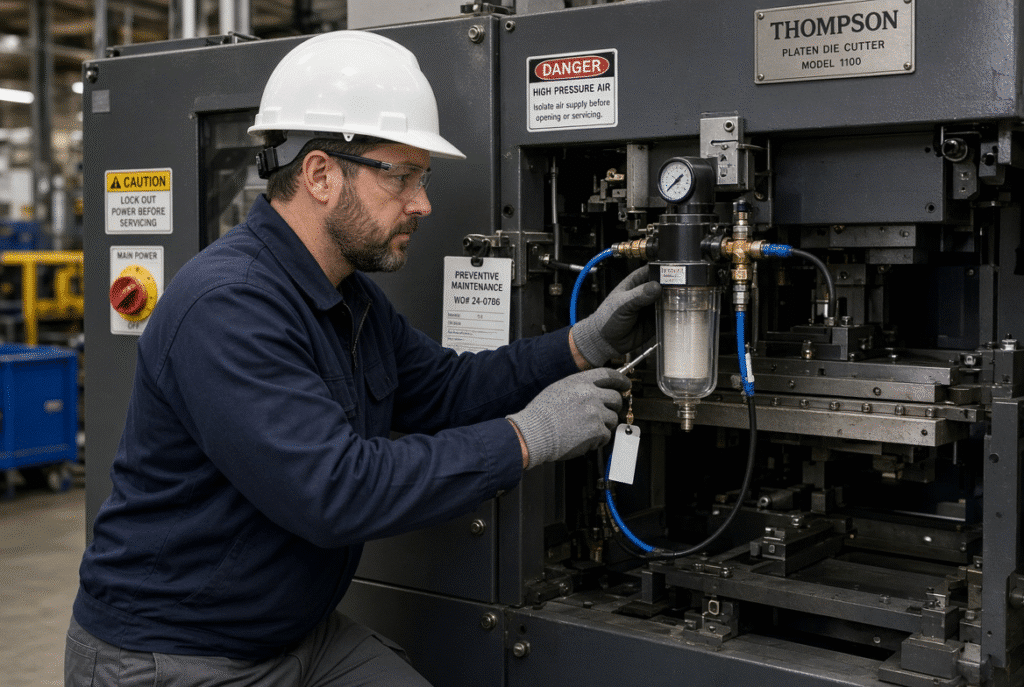 Qualified technician performing isolated inspection of air filter moisture separator and tubing connections on a platen die cutting machine under lock-out conditions