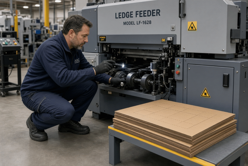 Technician inspecting feed wheels and sensors on a lead edge feeder during controlled troubleshooting