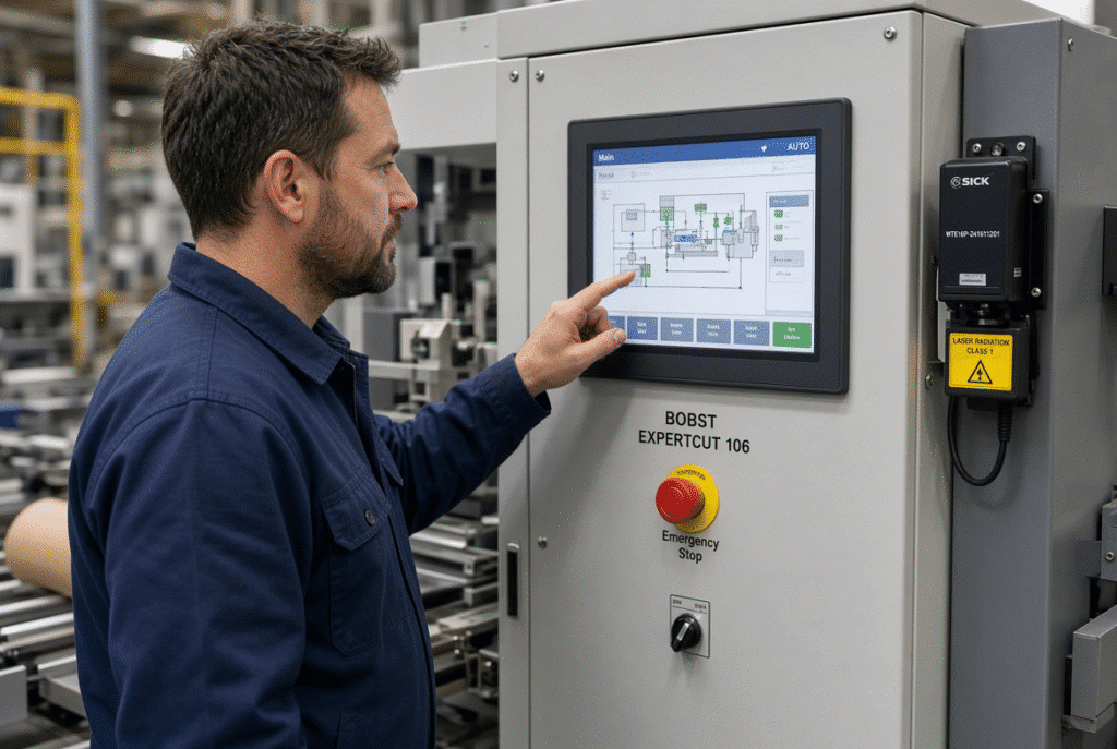 Technician checking HMI, emergency stop and safety devices on automatic die cutting machine