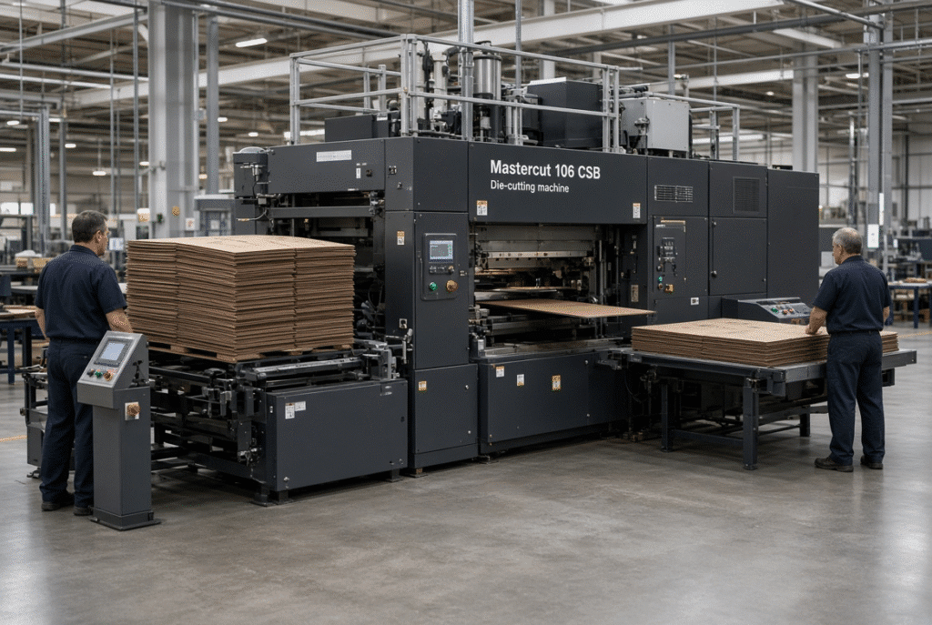 Semi-automatic flatbed die-cutting machine running packaging sheets in a real production environment, showing machine time and labor context for cost calculation