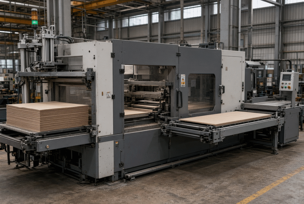 Semi-automatic flatbed die cutter processing white board sheets in a real packaging plant, showing feeder, platen section and delivery pile under production conditions