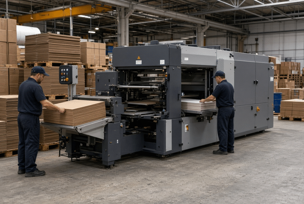 Semi-automatic flatbed die cutting machine operating in an industrial packaging plant with paperboard sheets at the feeder and delivery sections