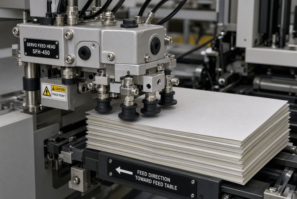 Close-up of servo-controlled feeder system with aluminum feeder head, suction nozzles and stream-style paperboard sheets on an automatic platen die-cutting machine