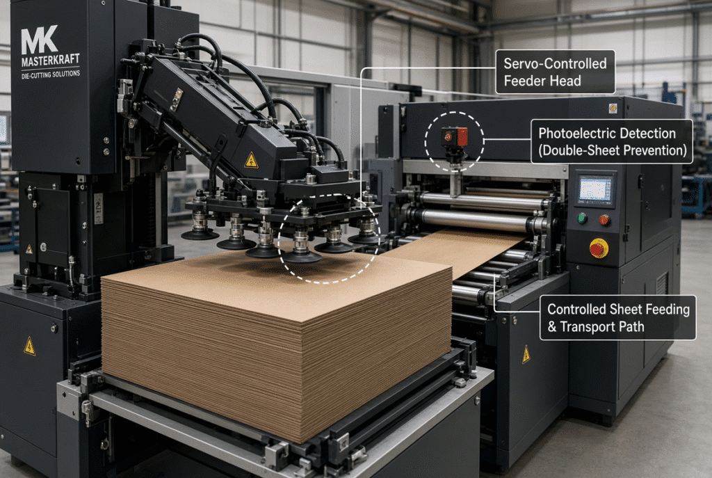 Automatic platen die-cutting machine feeder with servo-controlled head, paperboard sheets and double-sheet detection system demonstrating reliable sheet handling