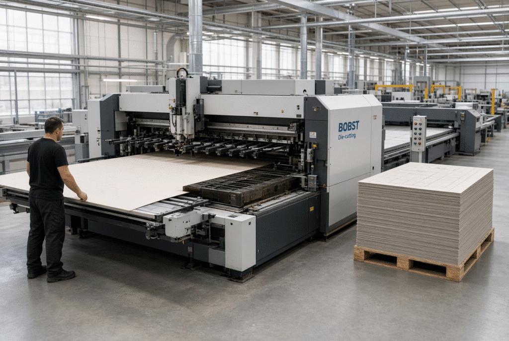 Production workflow around a flatbed die cutting machine showing large-sheet feeding, die tooling, gripper transport and delivery stack handling in a packaging plant