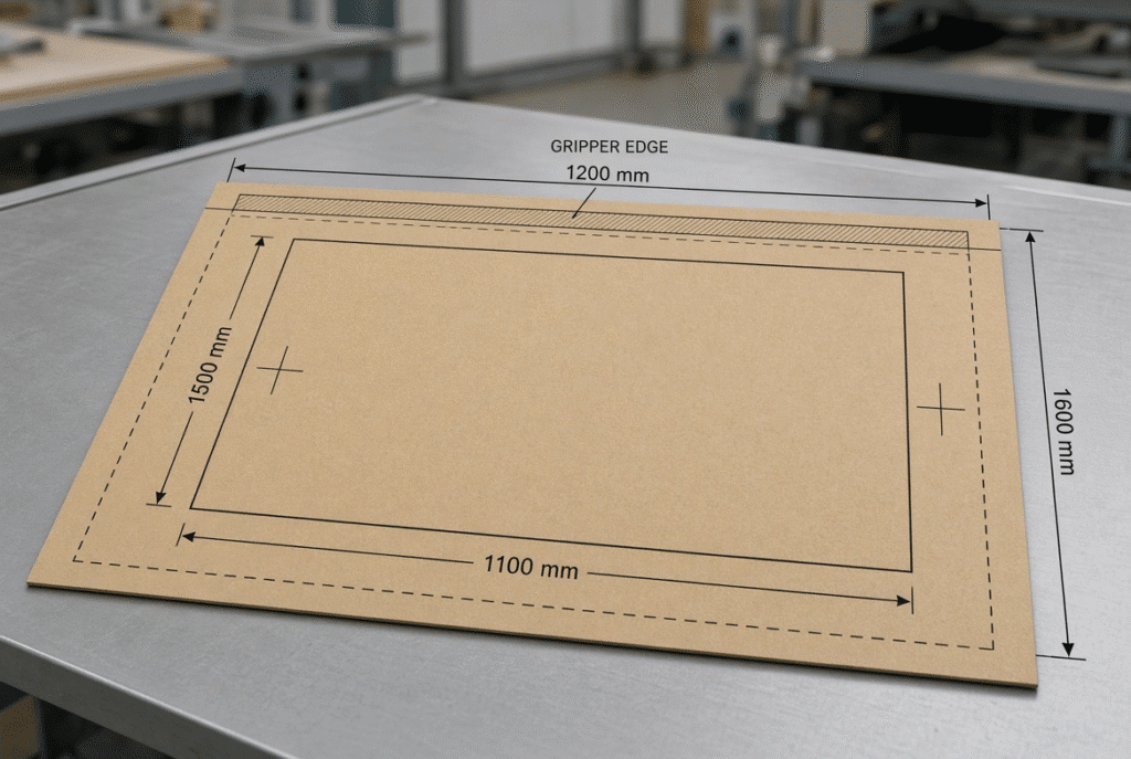 Labeled paperboard sheet showing maximum sheet size boundary, maximum die-cutting area, gripper edge and registration marks for automatic die cutter sizing