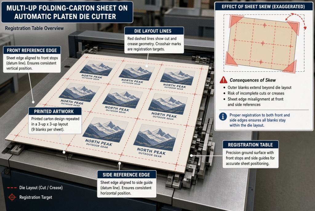 Multi-up folding-carton sheet showing front and side reference edges, die layout and the effect of sheet skew on outer blanks
