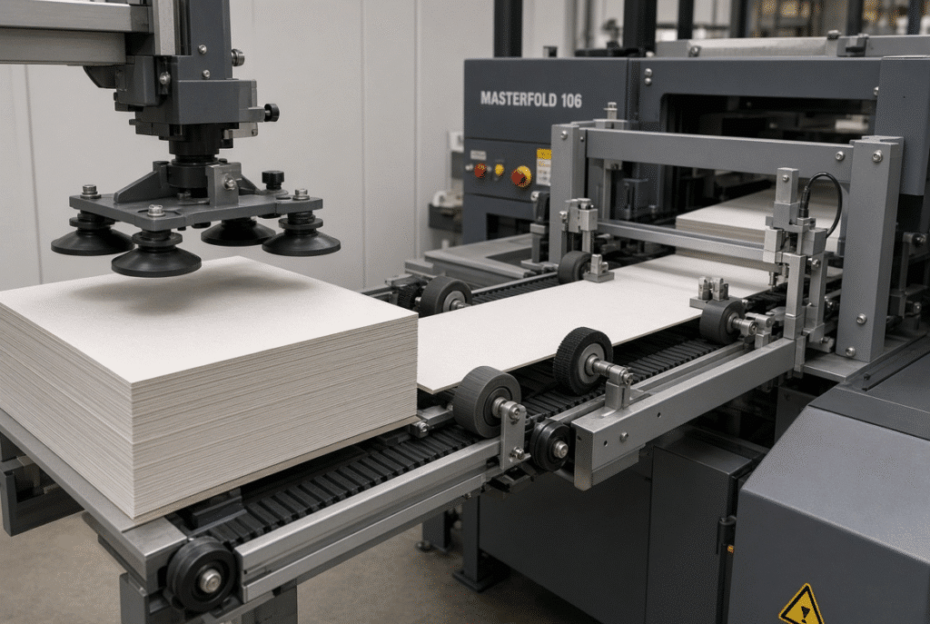 Paperboard sheet traveling from feeder head through transport belts and feed wheels toward the front and side gauges on an automatic die cutter