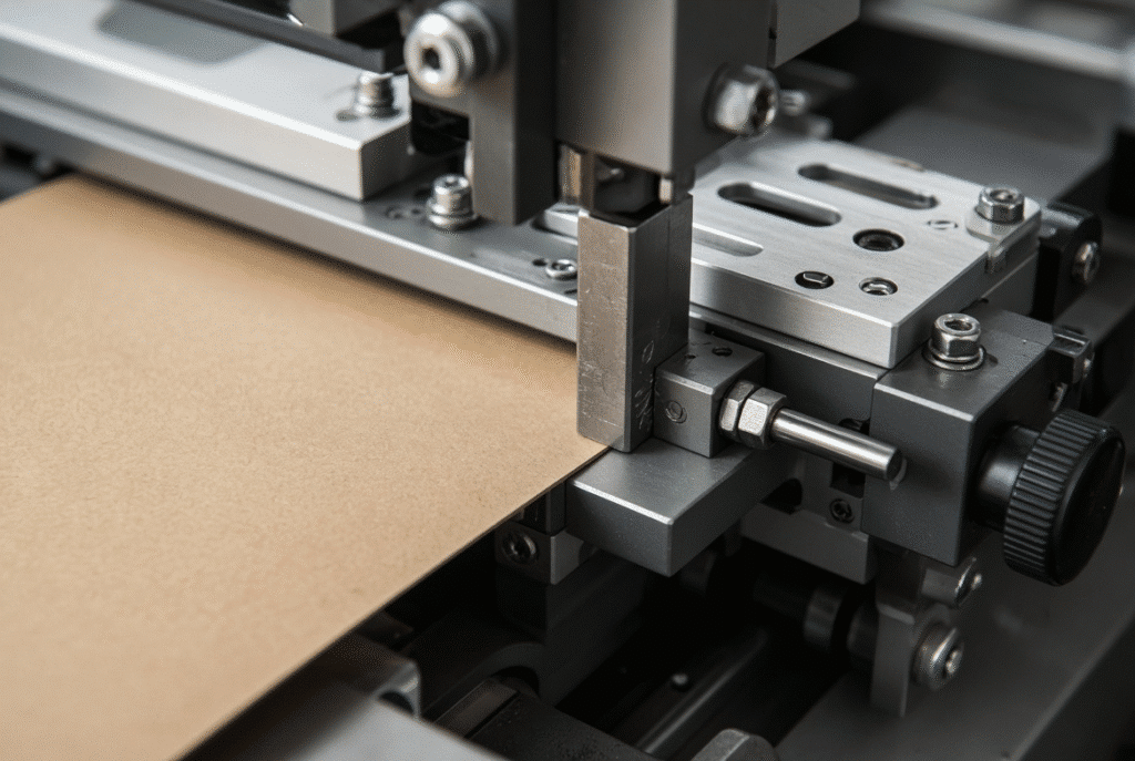 Close-up of side-gauge mechanism contacting the edge of a paperboard sheet for lateral registration on an automatic platen die cutter