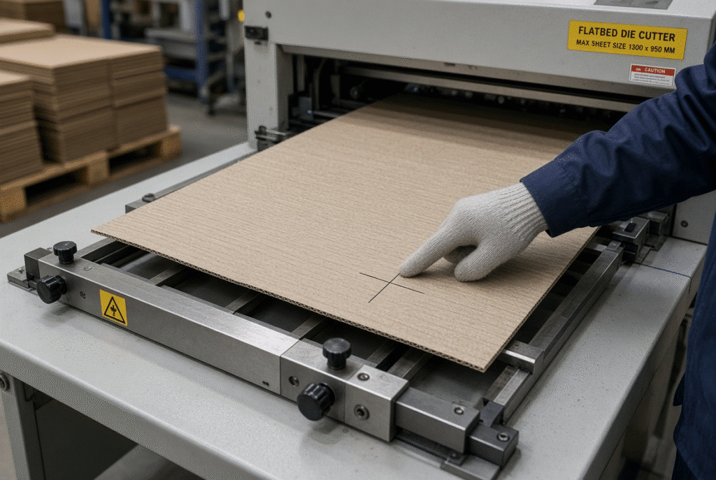 Skewed corrugated sheet entering a flatbed die cutting machine showing uneven guide contact