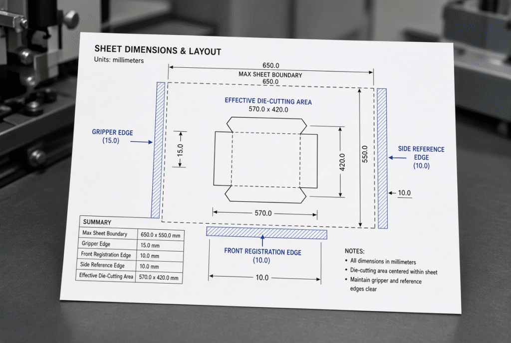Steel-rule die board showing cutting and creasing rules arranged for folding-carton blanks inside the maximum die-cutting area with visible edge waste
