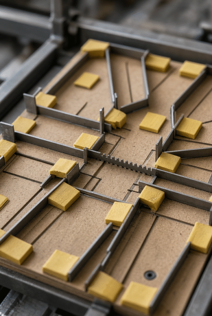 Close-up of a steel-rule die for folding cartons with cutting rules, creasing rules, perforation rules, die board and ejection rubber clearly visible