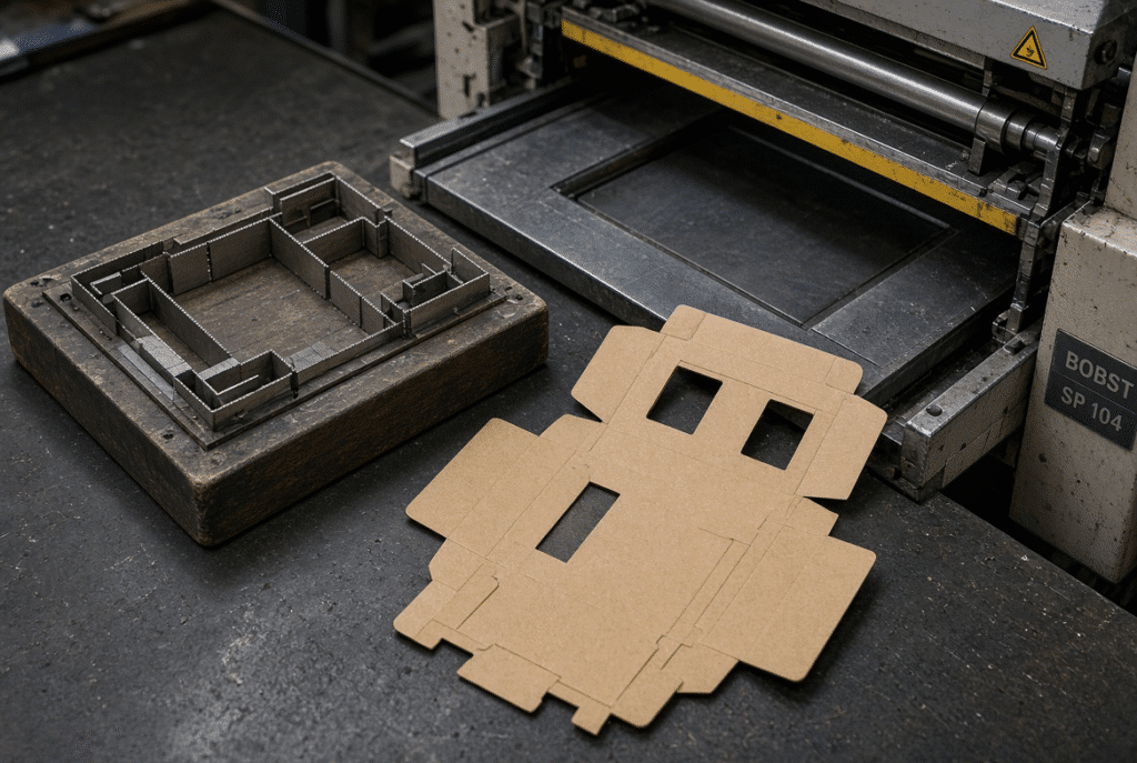 Steel-rule die, folding carton blank and automatic platen die-cutting machine illustrating cutting, creasing and perforation performed in one pass