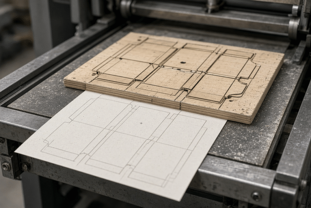 Steel-rule die with cutting and creasing rules mounted in a flatbed platen die cutter ready for packaging production