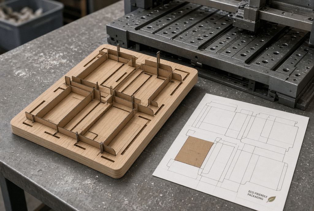 Steel-rule die on workbench beside flatbed die cutter platen and folding-carton board, illustrating die inspection and maintenance for longer tool life
