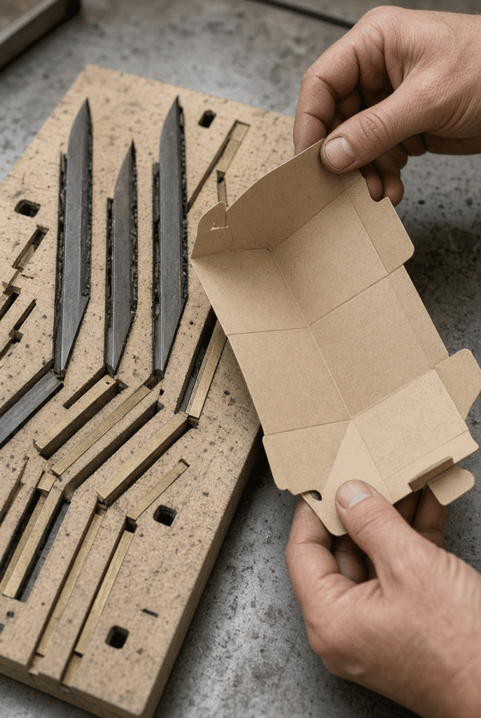 Detail of cutting and creasing rules next to a die-cut folding carton blank being folded to check crease quality