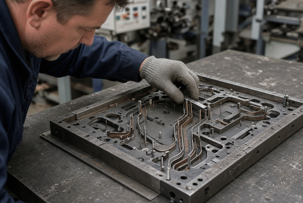 Close-up of technician inspecting steel-rule die and cutting plate in packaging plant