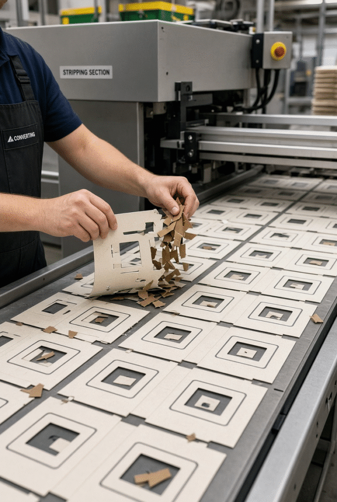 Industrial view of waste removal from die-cut folding carton blanks with internal cut-outs and waste bridges